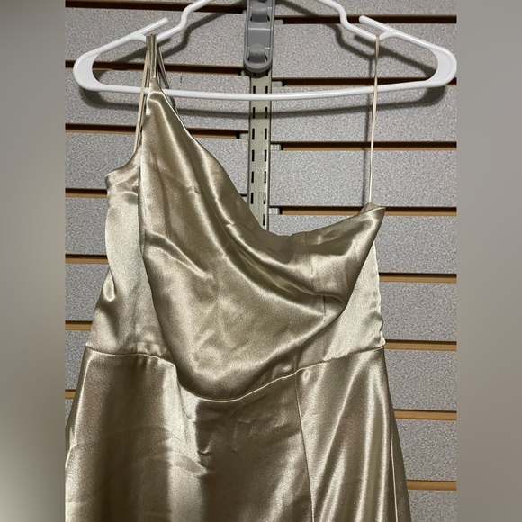 Birdie Gray Prom Dress Formal Wedding Gold Elegant Size Medium 34 Bust Slit - Picture 3 of 6